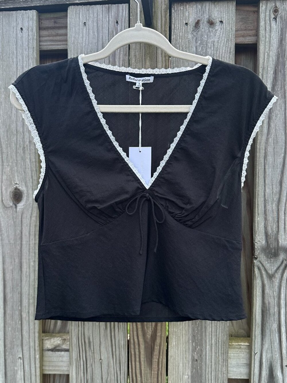 NWT Reformation Cherry Top Black Lace Trim V Neck Tie Front 4 - Picture 3 of 7